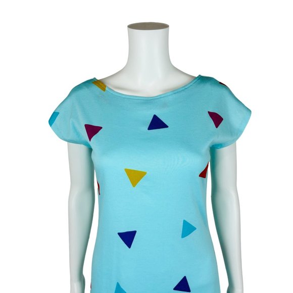 Vintage 80s Triangle Print Dress Blue Multi Colored Funky New Wave Pullover - Picture 2 of 10